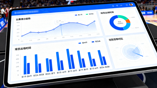 体育数据分析界面，屏幕显示多维度比赛统计图表