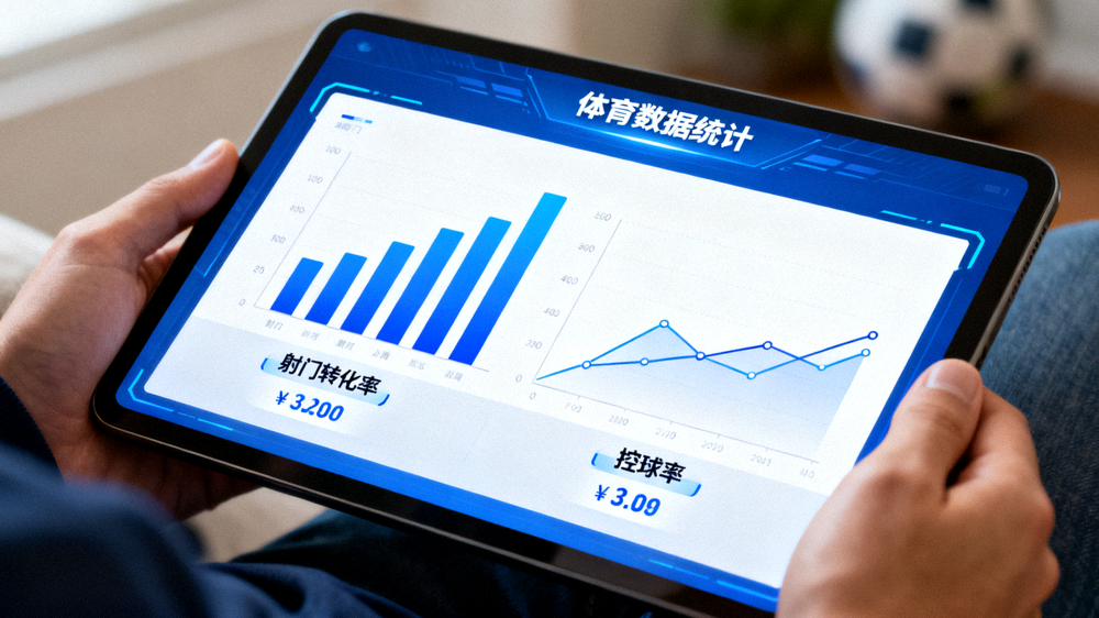 体育数据分析界面，屏幕显示射门转化率与控球率统计图表