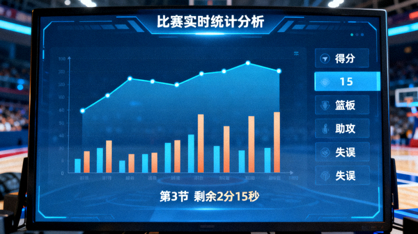 体育数据分析界面，屏幕上显示比赛统计图表与数据指标